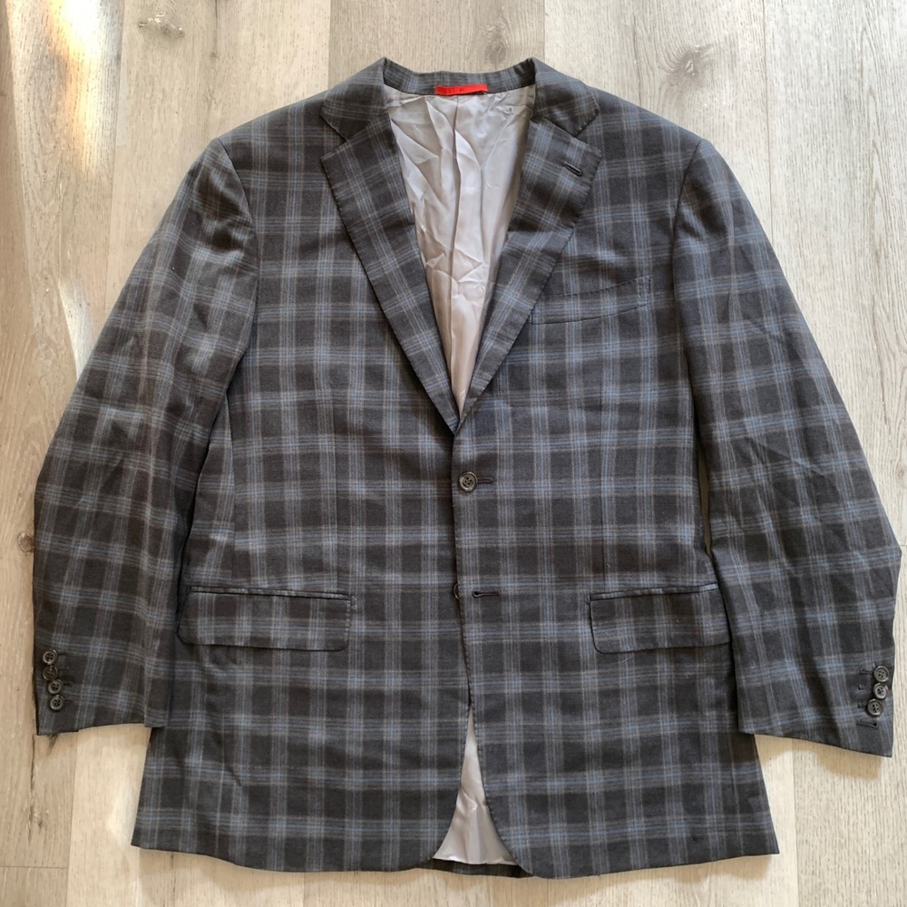 Isaia Napoli Mens Plaid Sport Coat Blazer Charcoal Gray Blue Wool‎ Two Button